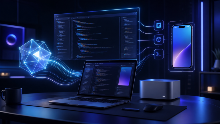 Futuristic AI coding workflow connecting a developer workstation, source code, and an iPhone simulator