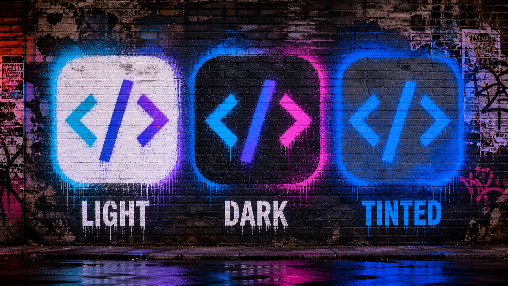 Light, Dark, and Tinted iOS app icons spray-painted on a graffiti wall