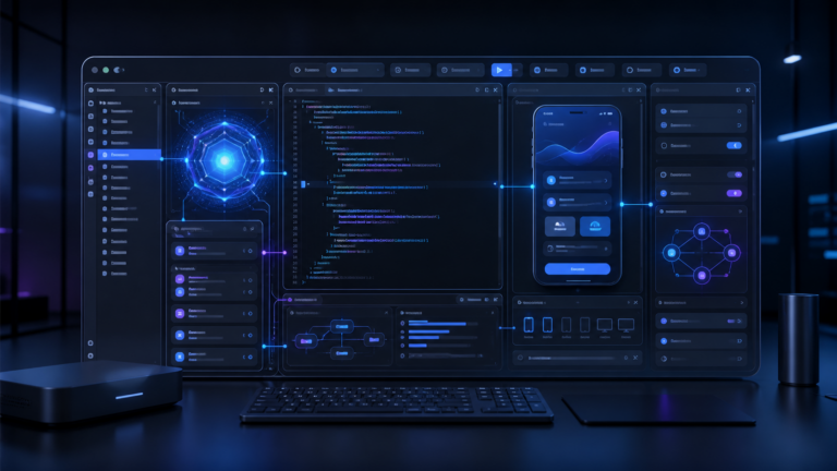 Futuristic Xcode workspace with an integrated AI coding agent, Swift code, app preview, and development tools