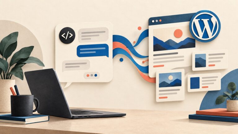 Paper-cut illustration of a conversation connected to WordPress article cards above a laptop.