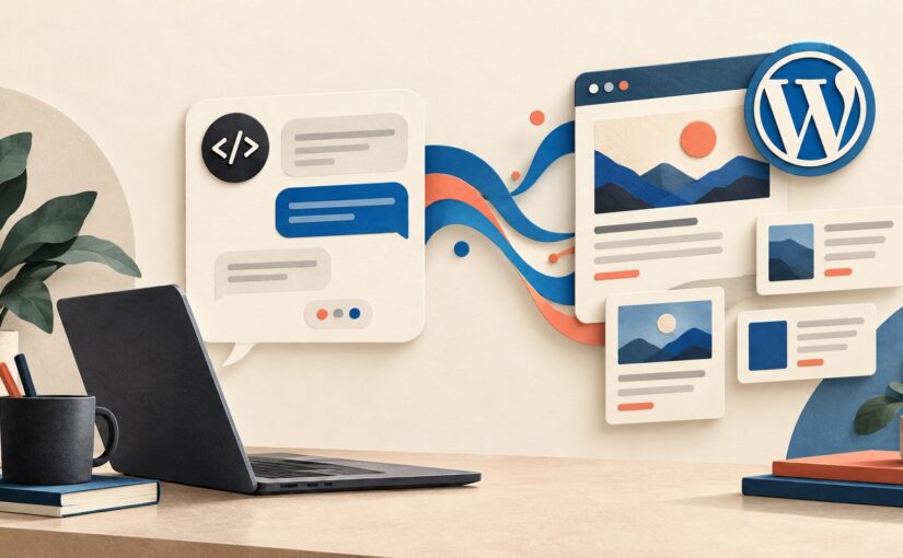 Paper-cut illustration of a conversation connected to WordPress article cards above a laptop.