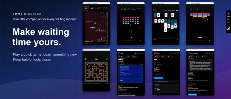 Emmy Sidekick overview with retro games, language lessons, and programming lessons.