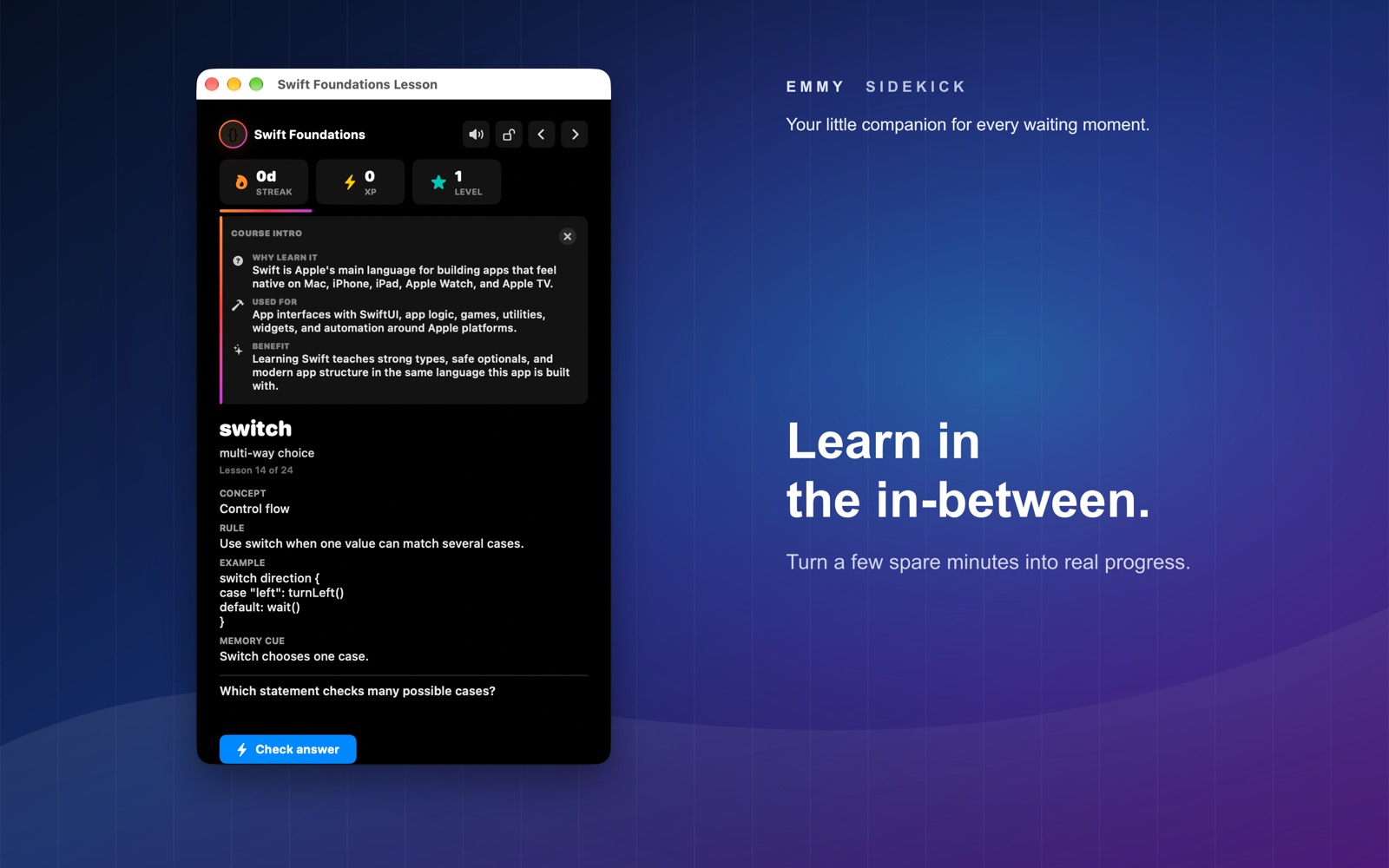 Emmy Sidekick Swift Foundations lesson with streak, XP, and level tracking.